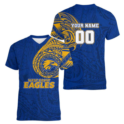 Personalized West Coast Eagles Polynesian Women V-Neck T-Shirt Tribal Chest and Sleeve Tattoo Heritage Warrior