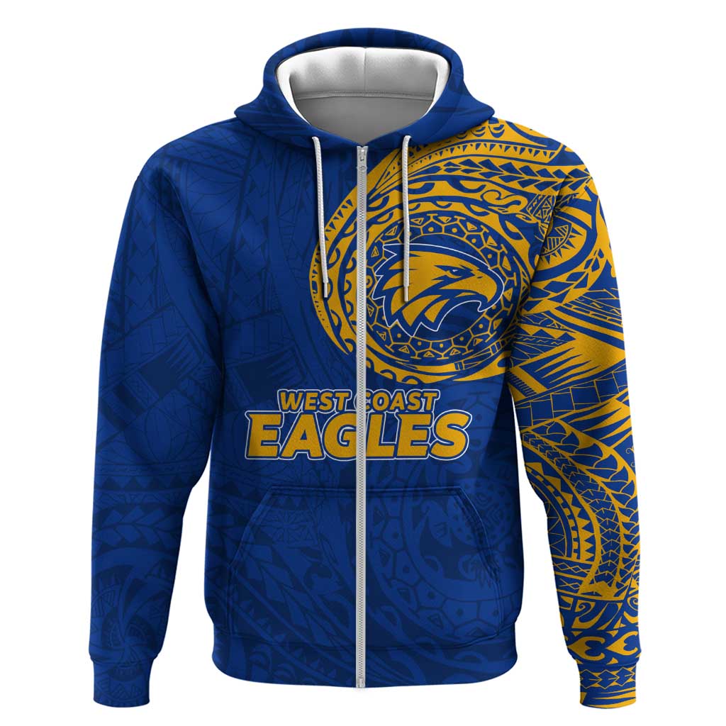 Personalized West Coast Eagles Polynesian Zip Hoodie Tribal Chest and Sleeve Tattoo Heritage Warrior