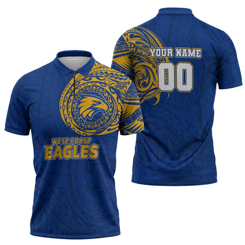 Personalized West Coast Eagles Polynesian Zipper Polo Shirt Tribal Chest and Sleeve Tattoo Heritage Warrior