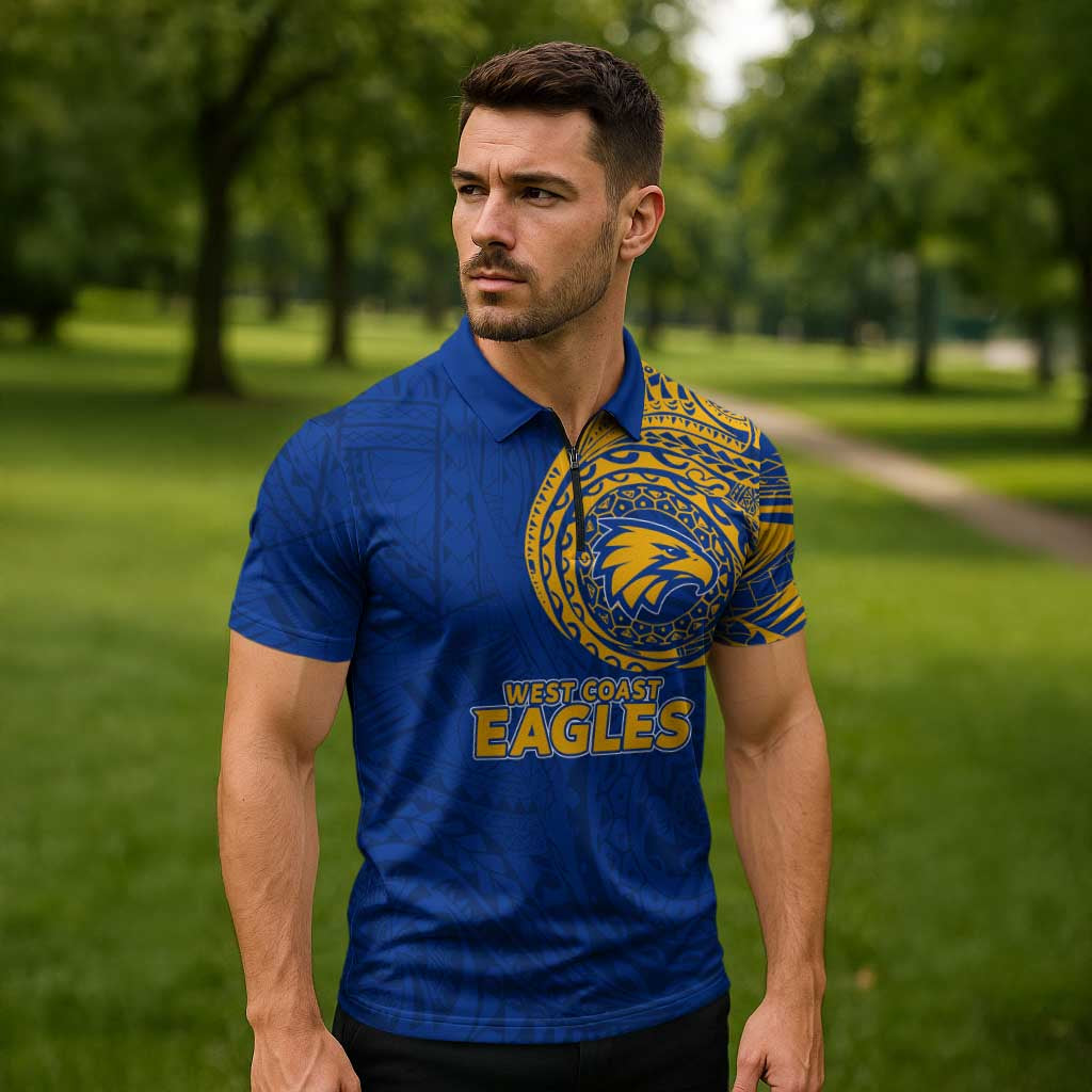 Personalized West Coast Eagles Polynesian Zipper Polo Shirt Tribal Chest and Sleeve Tattoo Heritage Warrior