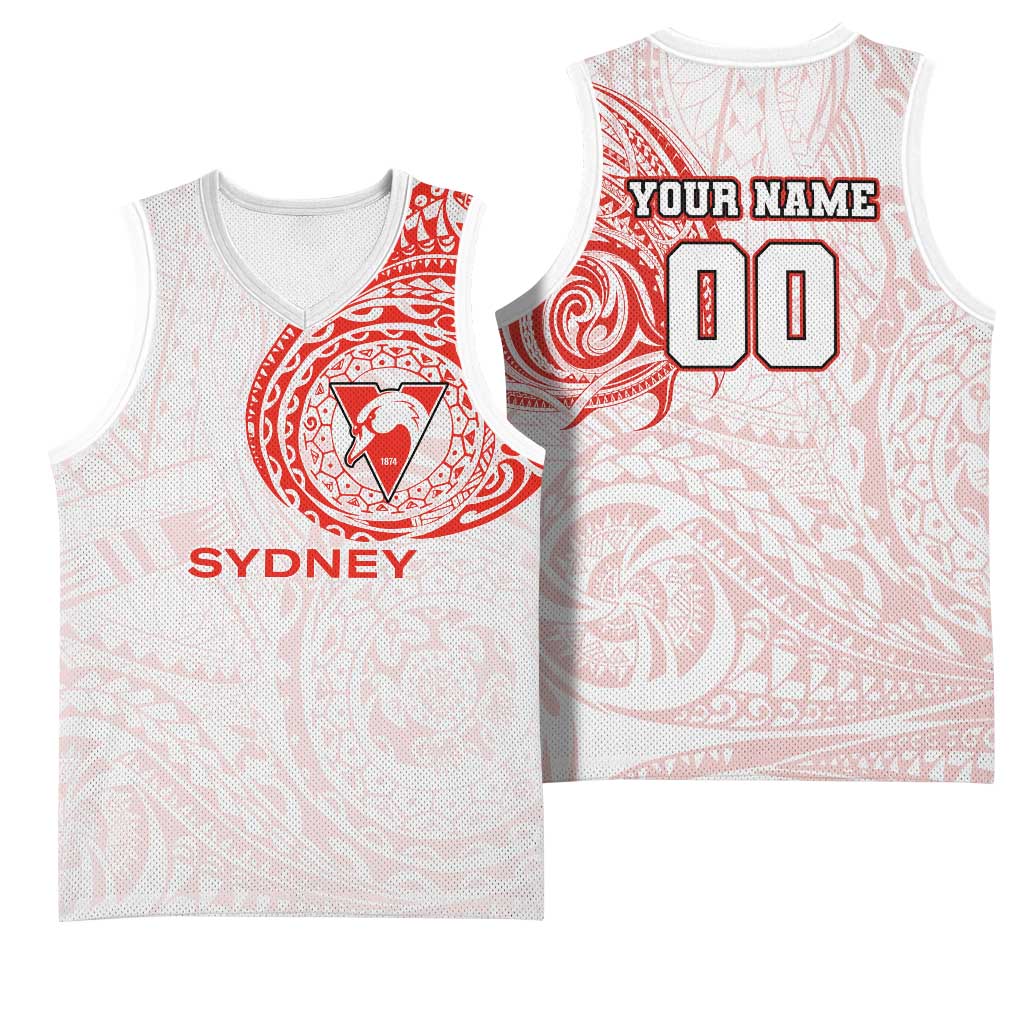 Personalized Sydney Swans Polynesian Basketball Jersey Tribal Chest and Sleeve Tattoo Heritage Warrior