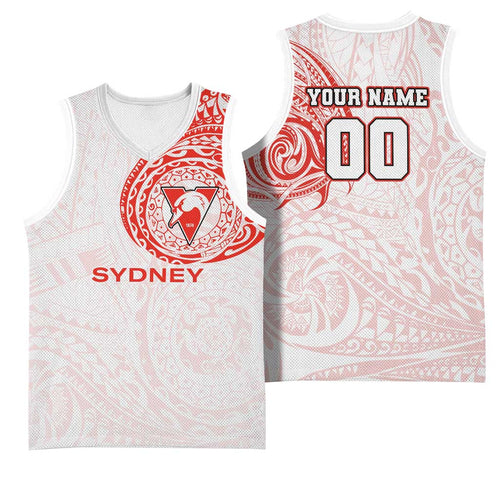 Personalized Sydney Swans Polynesian Basketball Jersey Tribal Chest and Sleeve Tattoo Heritage Warrior