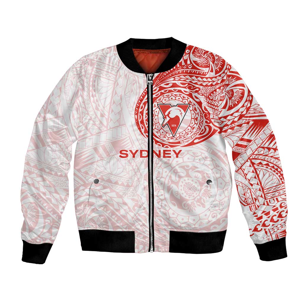 Personalized Sydney Swans Polynesian Bomber Jacket Tribal Chest and Sleeve Tattoo Heritage Warrior