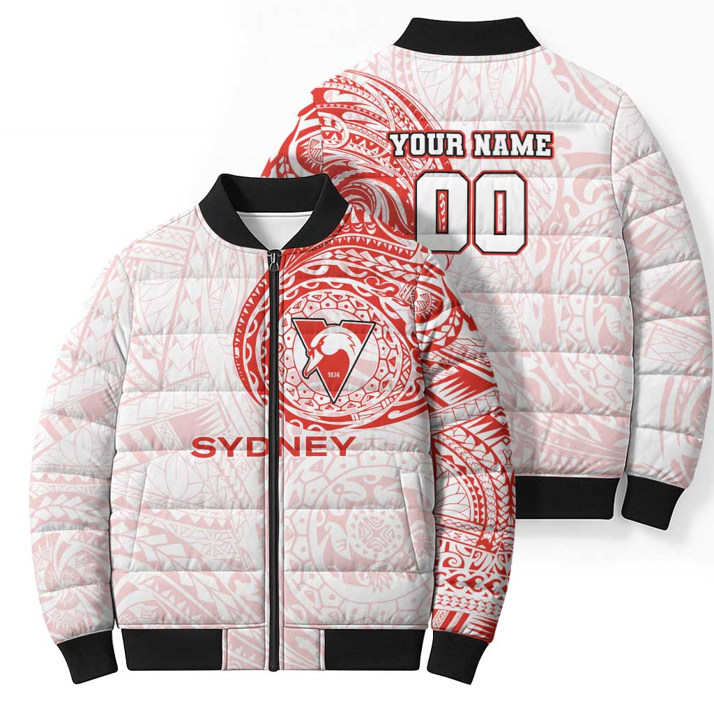 Personalized Sydney Swans Polynesian Bomber Puffer Jacket Tribal Chest and Sleeve Tattoo Heritage Warrior