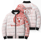 Personalized Sydney Swans Polynesian Bomber Puffer Jacket Tribal Chest and Sleeve Tattoo Heritage Warrior