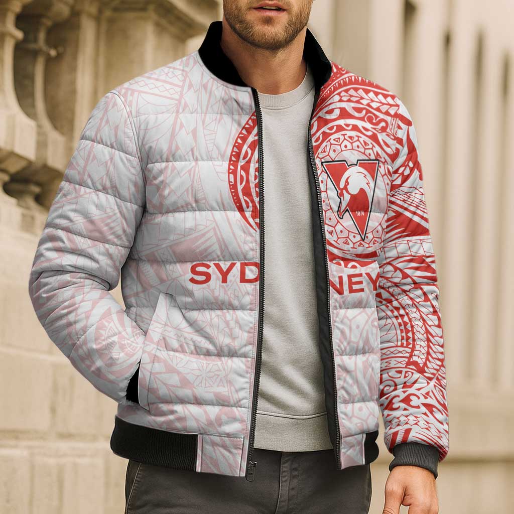 Personalized Sydney Swans Polynesian Bomber Puffer Jacket Tribal Chest and Sleeve Tattoo Heritage Warrior