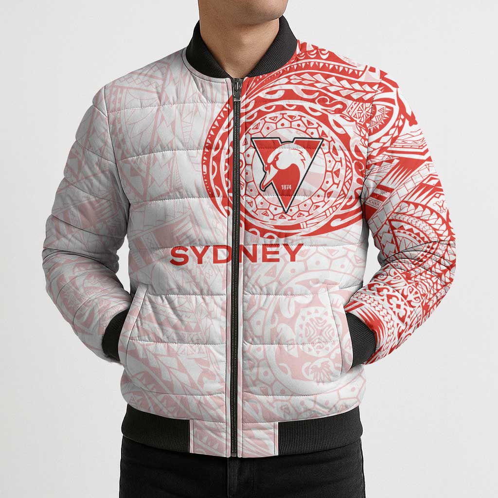 Personalized Sydney Swans Polynesian Bomber Puffer Jacket Tribal Chest and Sleeve Tattoo Heritage Warrior