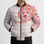 Personalized Sydney Swans Polynesian Bomber Puffer Jacket Tribal Chest and Sleeve Tattoo Heritage Warrior