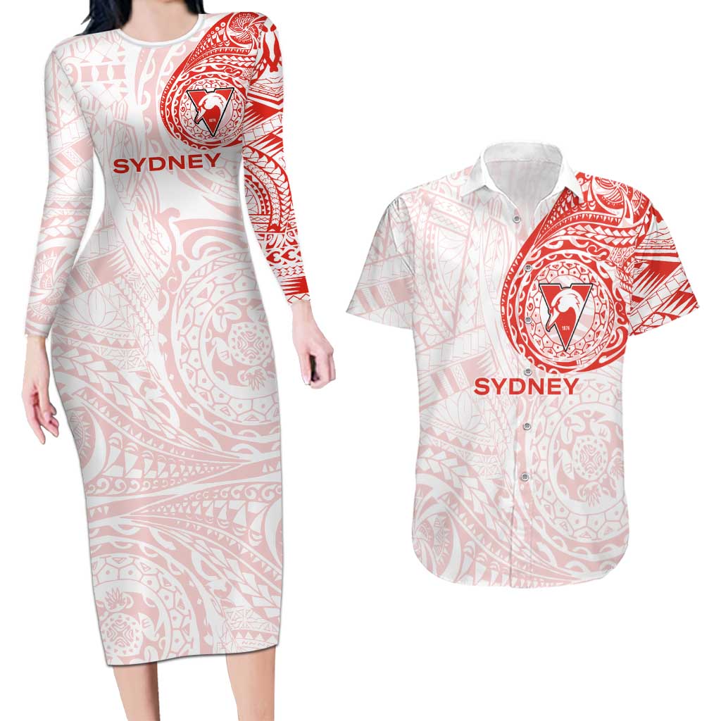 Personalized Sydney Swans Polynesian Couples Matching Long Sleeve Bodycon Dress and Hawaiian Shirt Tribal Chest and Sleeve Tattoo Heritage Warrior