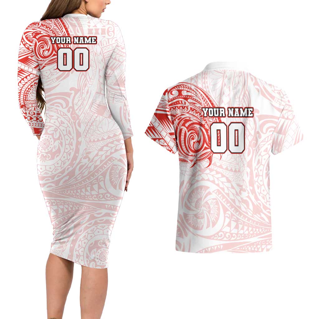 Personalized Sydney Swans Polynesian Couples Matching Long Sleeve Bodycon Dress and Hawaiian Shirt Tribal Chest and Sleeve Tattoo Heritage Warrior
