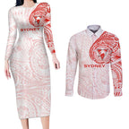 Personalized Sydney Swans Polynesian Couples Matching Long Sleeve Bodycon Dress and Long Sleeve Button Shirt Tribal Chest and Sleeve Tattoo Heritage Warrior