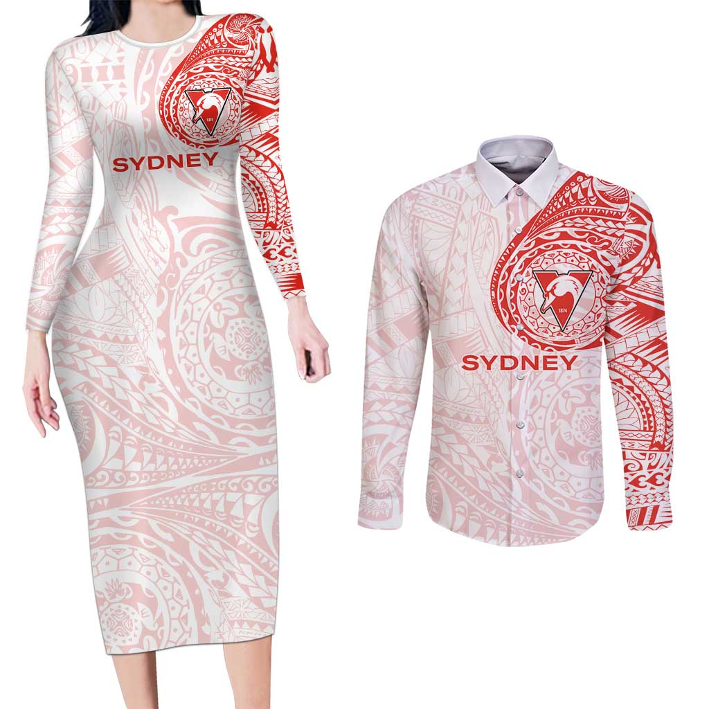 Personalized Sydney Swans Polynesian Couples Matching Long Sleeve Bodycon Dress and Long Sleeve Button Shirt Tribal Chest and Sleeve Tattoo Heritage Warrior