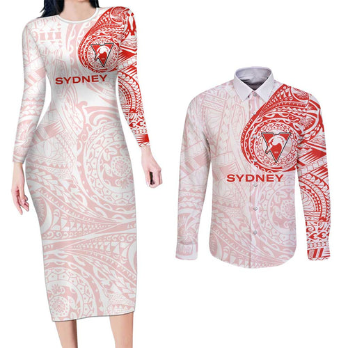 Personalized Sydney Swans Polynesian Couples Matching Long Sleeve Bodycon Dress and Long Sleeve Button Shirt Tribal Chest and Sleeve Tattoo Heritage Warrior