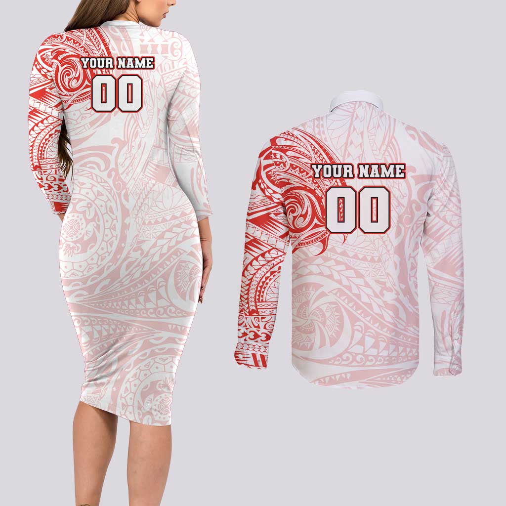 Personalized Sydney Swans Polynesian Couples Matching Long Sleeve Bodycon Dress and Long Sleeve Button Shirt Tribal Chest and Sleeve Tattoo Heritage Warrior