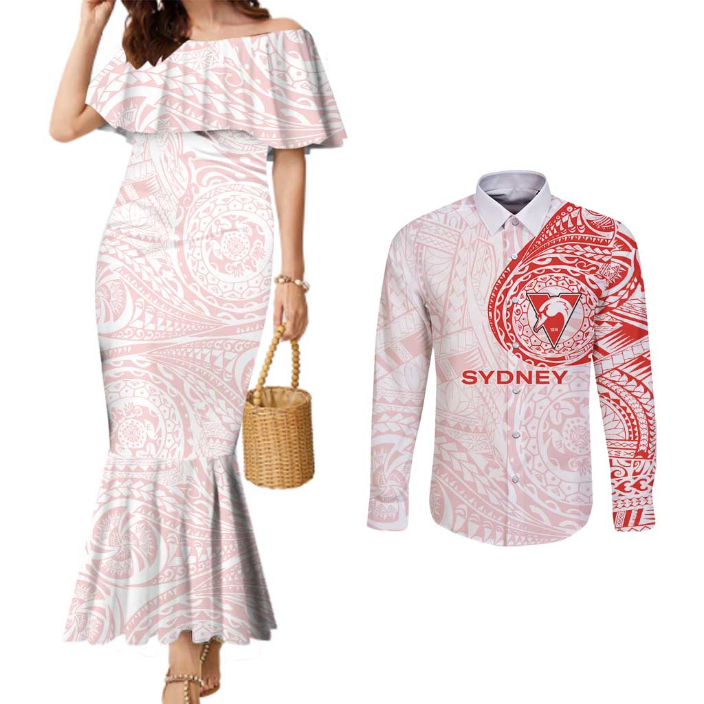 Personalized Sydney Swans Polynesian Couples Matching Mermaid Dress and Long Sleeve Button Shirt Tribal Chest and Sleeve Tattoo Heritage Warrior