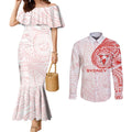 Personalized Sydney Swans Polynesian Couples Matching Mermaid Dress and Long Sleeve Button Shirt Tribal Chest and Sleeve Tattoo Heritage Warrior