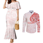 Personalized Sydney Swans Polynesian Couples Matching Mermaid Dress and Long Sleeve Button Shirt Tribal Chest and Sleeve Tattoo Heritage Warrior