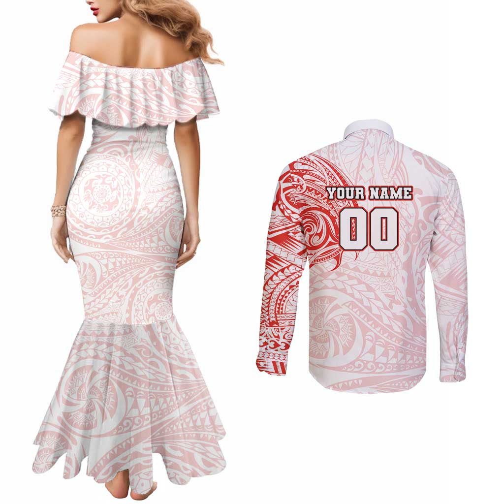 Personalized Sydney Swans Polynesian Couples Matching Mermaid Dress and Long Sleeve Button Shirt Tribal Chest and Sleeve Tattoo Heritage Warrior