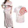 Personalized Sydney Swans Polynesian Couples Matching Off Shoulder Maxi Dress and Hawaiian Shirt Tribal Chest and Sleeve Tattoo Heritage Warrior