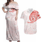 Personalized Sydney Swans Polynesian Couples Matching Off Shoulder Maxi Dress and Hawaiian Shirt Tribal Chest and Sleeve Tattoo Heritage Warrior