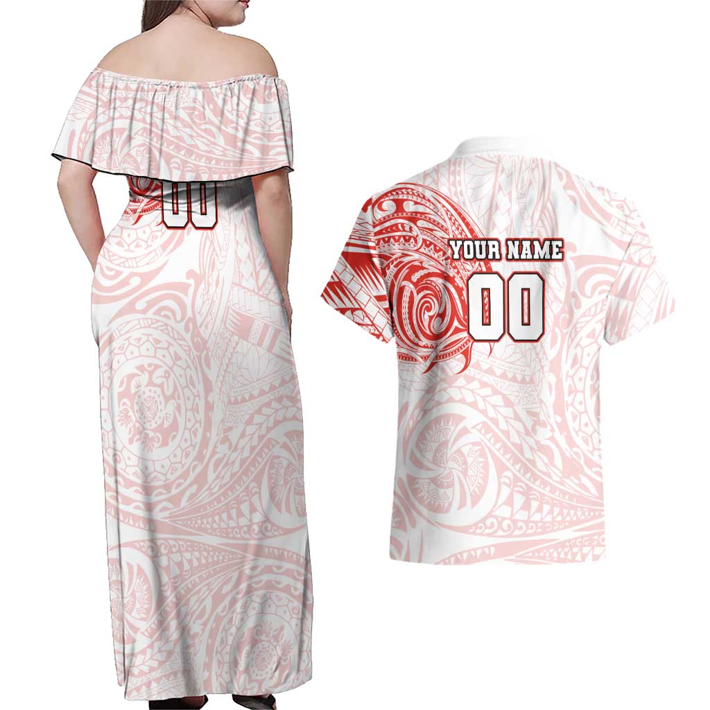 Personalized Sydney Swans Polynesian Couples Matching Off Shoulder Maxi Dress and Hawaiian Shirt Tribal Chest and Sleeve Tattoo Heritage Warrior