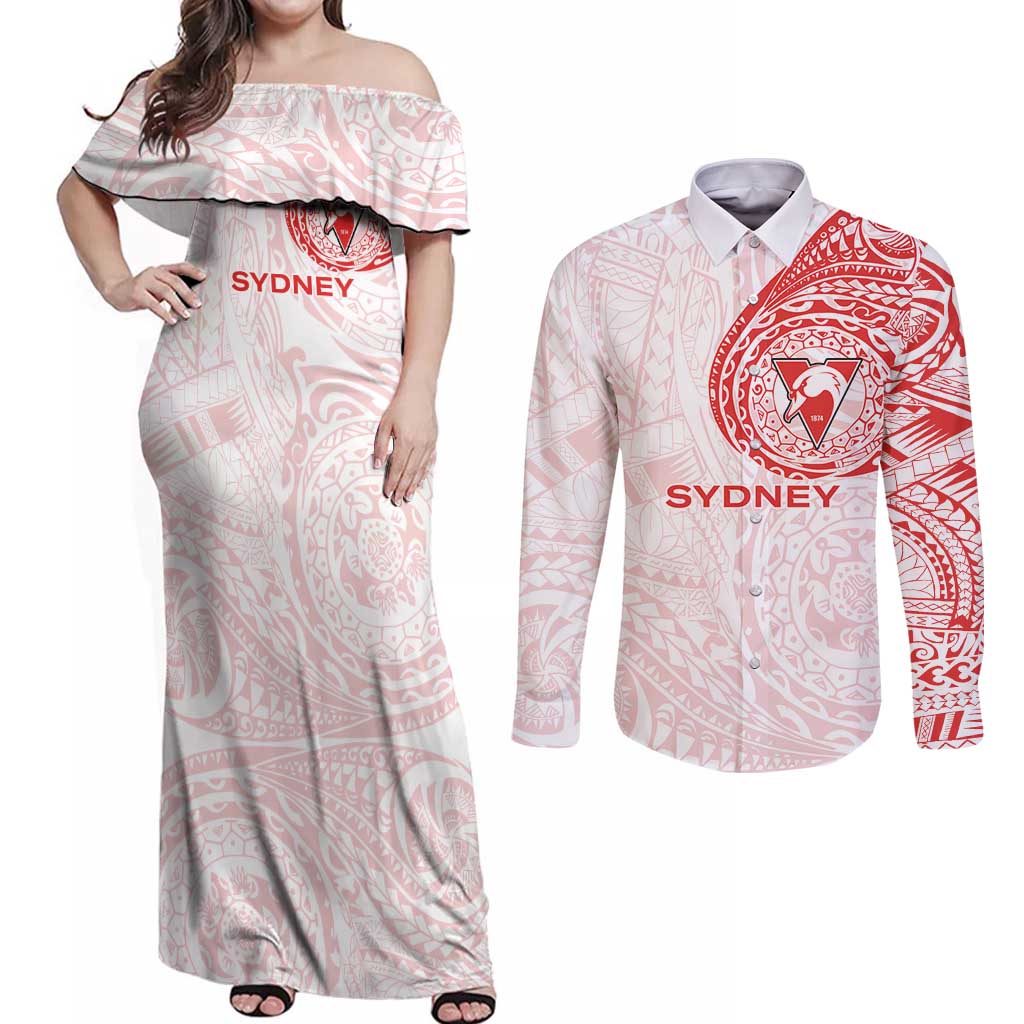 Personalized Sydney Swans Polynesian Couples Matching Off Shoulder Maxi Dress and Long Sleeve Button Shirt Tribal Chest and Sleeve Tattoo Heritage Warrior