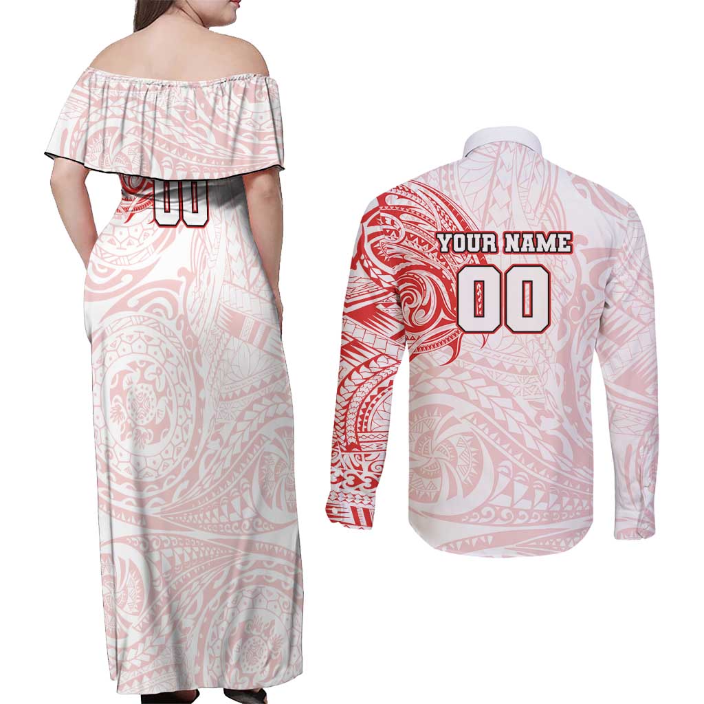 Personalized Sydney Swans Polynesian Couples Matching Off Shoulder Maxi Dress and Long Sleeve Button Shirt Tribal Chest and Sleeve Tattoo Heritage Warrior