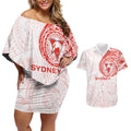 Personalized Sydney Swans Polynesian Couples Matching Off Shoulder Short Dress and Hawaiian Shirt Tribal Chest and Sleeve Tattoo Heritage Warrior