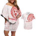 Personalized Sydney Swans Polynesian Couples Matching Off Shoulder Short Dress and Hawaiian Shirt Tribal Chest and Sleeve Tattoo Heritage Warrior