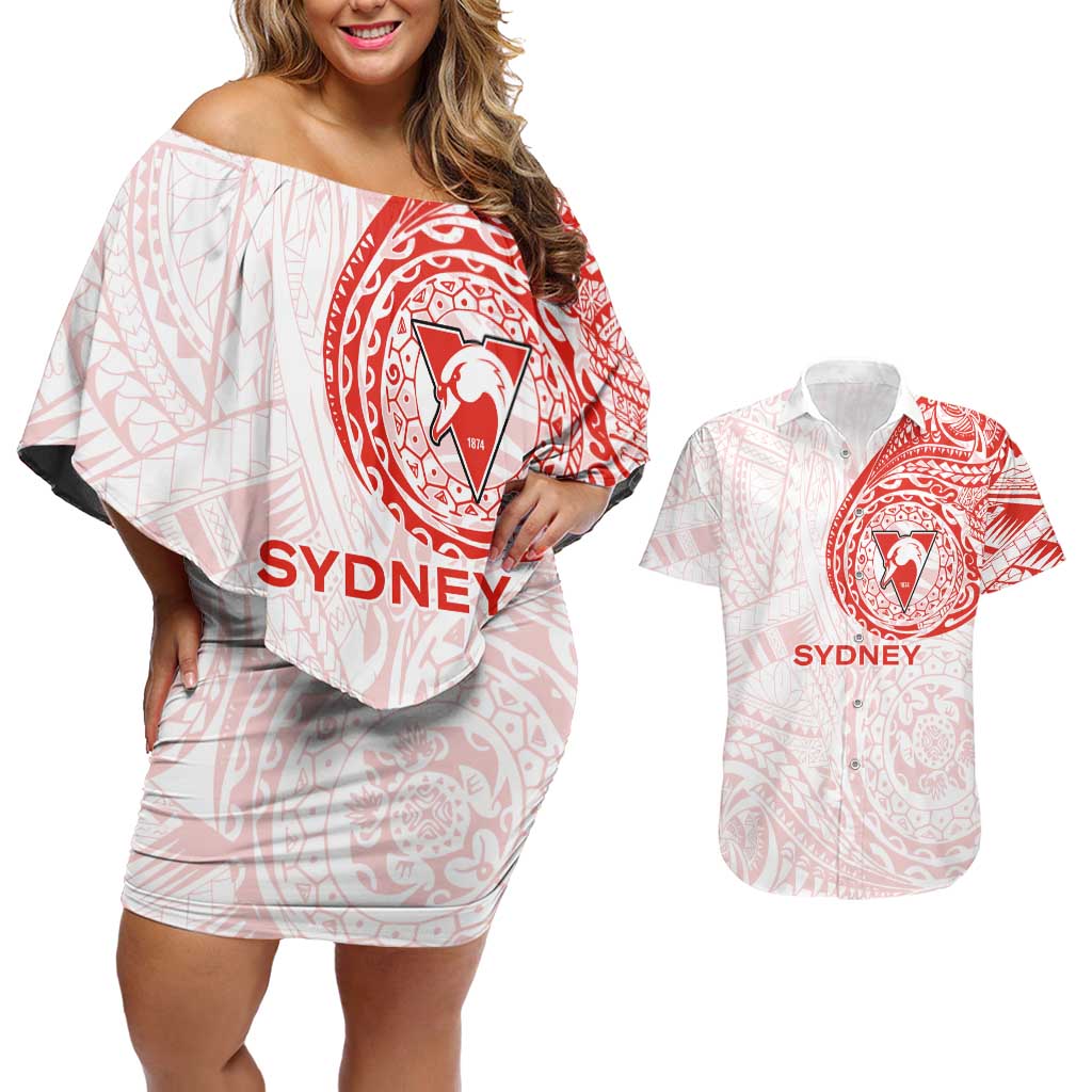 Personalized Sydney Swans Polynesian Couples Matching Off Shoulder Short Dress and Hawaiian Shirt Tribal Chest and Sleeve Tattoo Heritage Warrior