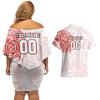 Personalized Sydney Swans Polynesian Couples Matching Off Shoulder Short Dress and Hawaiian Shirt Tribal Chest and Sleeve Tattoo Heritage Warrior
