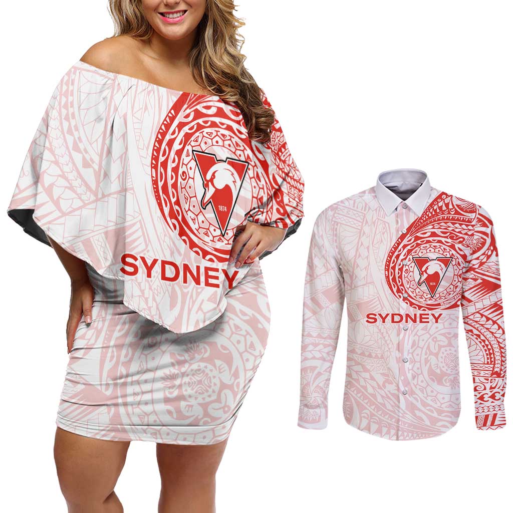 Personalized Sydney Swans Polynesian Couples Matching Off Shoulder Short Dress and Long Sleeve Button Shirt Tribal Chest and Sleeve Tattoo Heritage Warrior