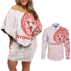 Personalized Sydney Swans Polynesian Couples Matching Off Shoulder Short Dress and Long Sleeve Button Shirt Tribal Chest and Sleeve Tattoo Heritage Warrior