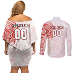 Personalized Sydney Swans Polynesian Couples Matching Off Shoulder Short Dress and Long Sleeve Button Shirt Tribal Chest and Sleeve Tattoo Heritage Warrior