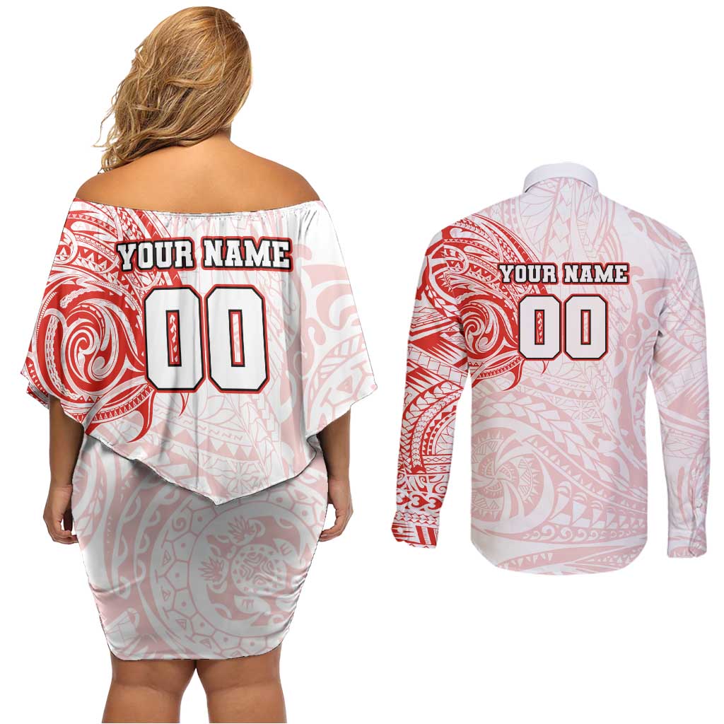 Personalized Sydney Swans Polynesian Couples Matching Off Shoulder Short Dress and Long Sleeve Button Shirt Tribal Chest and Sleeve Tattoo Heritage Warrior