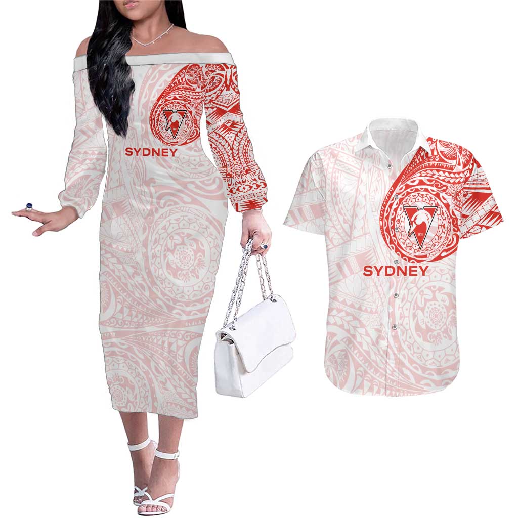 Personalized Sydney Swans Polynesian Couples Matching Off The Shoulder Long Sleeve Dress and Hawaiian Shirt Tribal Chest and Sleeve Tattoo Heritage Warrior