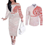 Personalized Sydney Swans Polynesian Couples Matching Off The Shoulder Long Sleeve Dress and Long Sleeve Button Shirt Tribal Chest and Sleeve Tattoo Heritage Warrior