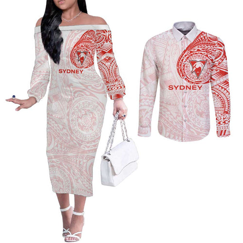 Personalized Sydney Swans Polynesian Couples Matching Off The Shoulder Long Sleeve Dress and Long Sleeve Button Shirt Tribal Chest and Sleeve Tattoo Heritage Warrior
