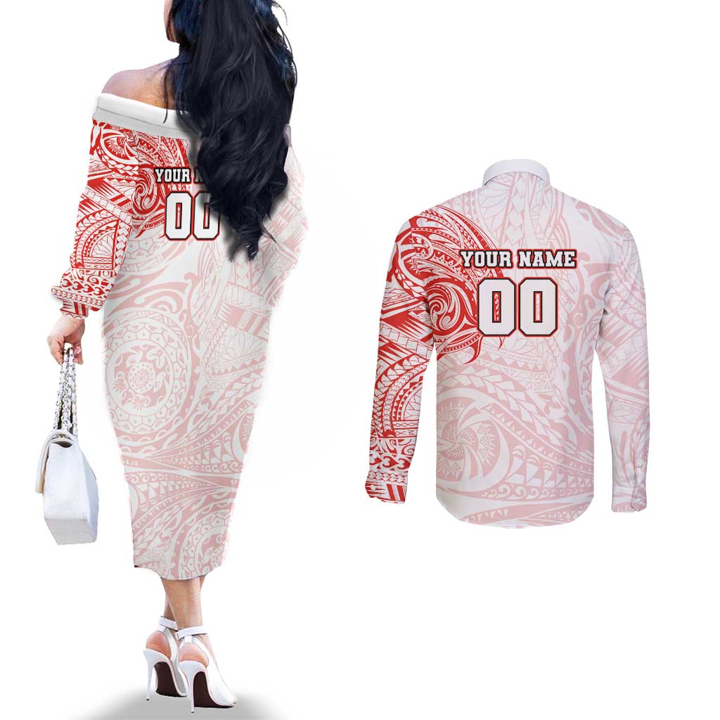 Personalized Sydney Swans Polynesian Couples Matching Off The Shoulder Long Sleeve Dress and Long Sleeve Button Shirt Tribal Chest and Sleeve Tattoo Heritage Warrior