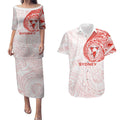 Personalized Sydney Swans Polynesian Couples Matching Puletasi and Hawaiian Shirt Tribal Chest and Sleeve Tattoo Heritage Warrior