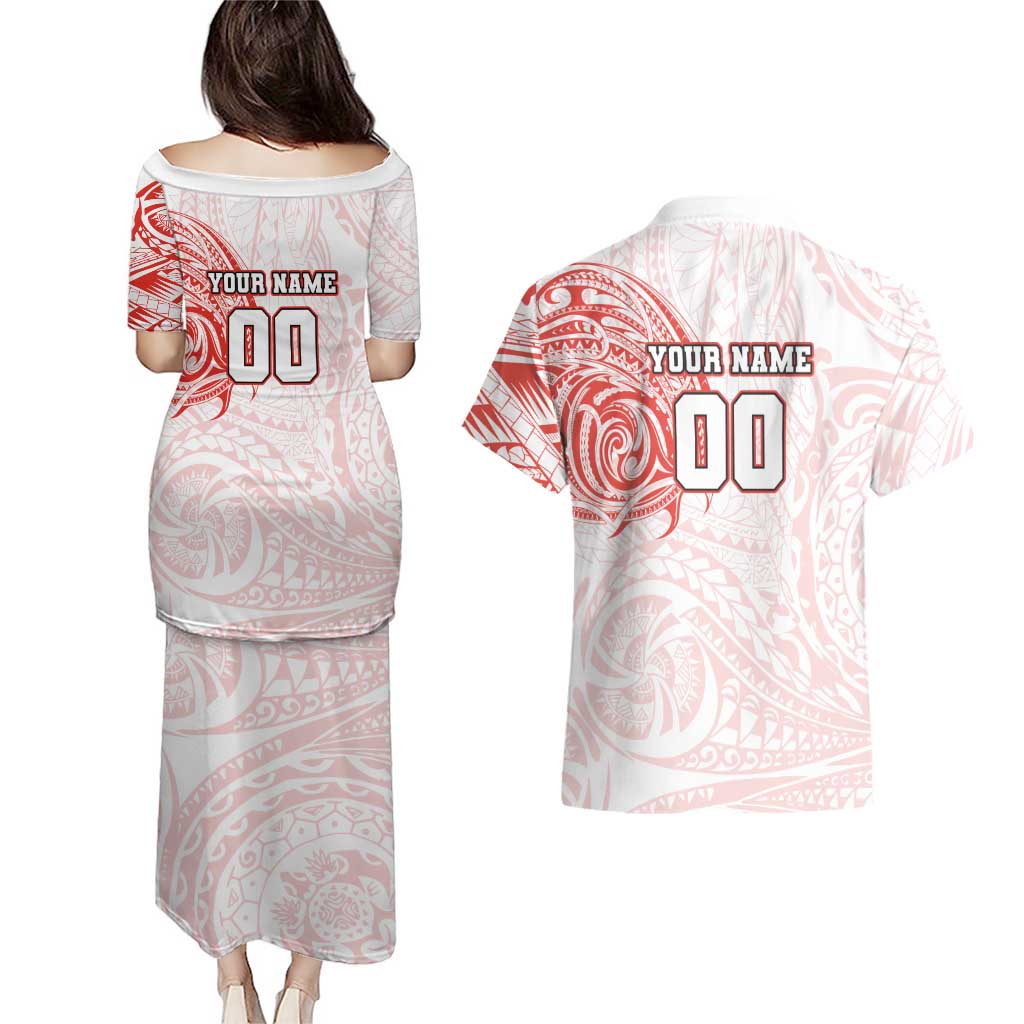 Personalized Sydney Swans Polynesian Couples Matching Puletasi and Hawaiian Shirt Tribal Chest and Sleeve Tattoo Heritage Warrior