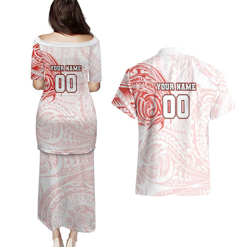 Personalized Sydney Swans Polynesian Couples Matching Puletasi and Hawaiian Shirt Tribal Chest and Sleeve Tattoo Heritage Warrior