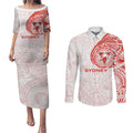 Personalized Sydney Swans Polynesian Couples Matching Puletasi and Long Sleeve Button Shirt Tribal Chest and Sleeve Tattoo Heritage Warrior