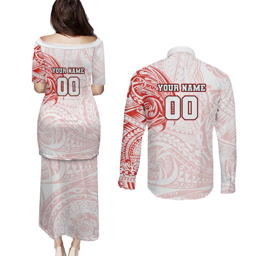 Personalized Sydney Swans Polynesian Couples Matching Puletasi and Long Sleeve Button Shirt Tribal Chest and Sleeve Tattoo Heritage Warrior