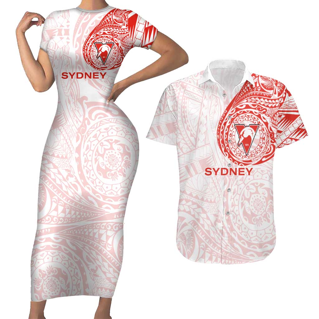 Personalized Sydney Swans Polynesian Couples Matching Short Sleeve Bodycon Dress and Hawaiian Shirt Tribal Chest and Sleeve Tattoo Heritage Warrior