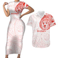Personalized Sydney Swans Polynesian Couples Matching Short Sleeve Bodycon Dress and Hawaiian Shirt Tribal Chest and Sleeve Tattoo Heritage Warrior