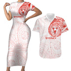 Personalized Sydney Swans Polynesian Couples Matching Short Sleeve Bodycon Dress and Hawaiian Shirt Tribal Chest and Sleeve Tattoo Heritage Warrior