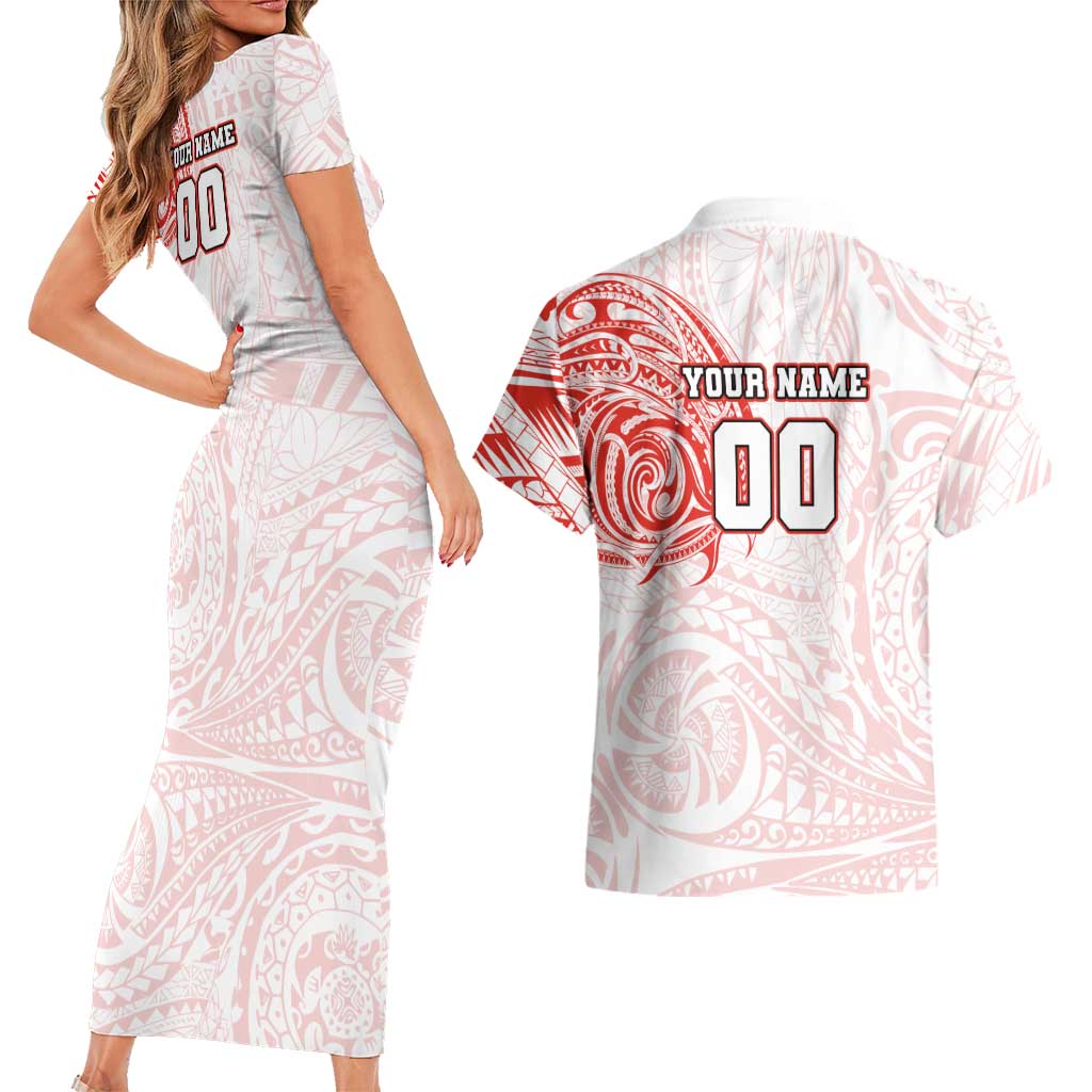Personalized Sydney Swans Polynesian Couples Matching Short Sleeve Bodycon Dress and Hawaiian Shirt Tribal Chest and Sleeve Tattoo Heritage Warrior
