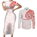 Personalized Sydney Swans Polynesian Couples Matching Short Sleeve Bodycon Dress and Long Sleeve Button Shirt Tribal Chest and Sleeve Tattoo Heritage Warrior