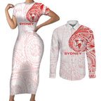 Personalized Sydney Swans Polynesian Couples Matching Short Sleeve Bodycon Dress and Long Sleeve Button Shirt Tribal Chest and Sleeve Tattoo Heritage Warrior
